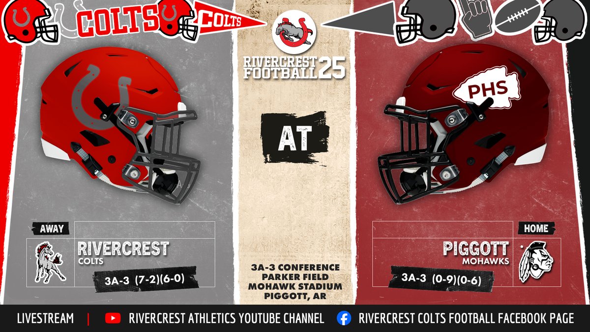 Rivercrest (7-2, 6-0) hits the road for the regular-season finale at Piggott (0-9, 0-6). The Colts have already clinched the 3A-3 championship and a first-round playoff bye. Kickoff 7:00 pm. 🐎

Livestream:
YouTube ➡️ youtube.com/@rivercrestath…
Facebook ➡️ facebook.com/RivercrestColt…