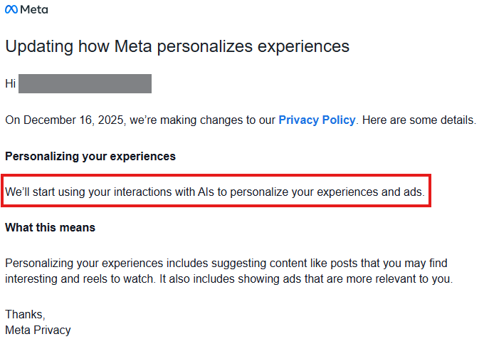PeterMHammondIO's tweet photo. Your Meta? NOPE. **Theirs.** 🤑🤑🤑
> “We’ll start using your interactions with AIs to personalize your experiences and ads.”
Now their name change makes *perfect* sense.  

I'm taking my Meta back — guess I'm **#AntiSocial**.
#Meta #Privacy #AI https://t.co/rmGPYhb1bm