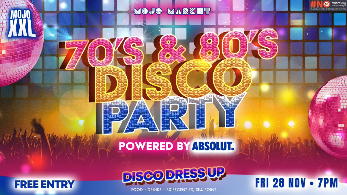 Get ready to BOOGIE, baby! 🪩✨ 70s &amp; 80s GROOVY DISCO PARTY, powered by Absolut! 💃🍸
. . .
Dress the part: flares, sequins, platforms, wild wigs. Shine brighter than the disco ball 🤩
. . .
📅 Fri 28 Nov, from 7pm
📍 Mojo Market – Sea Point
🎟 FREE ENTRY

Funky &amp; Fabulous. 🕺🔥