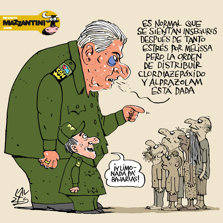 "Estrés" por Lauzán. Miguel Segundo Díaz-Canel Limonardo se trasladó al oriente de #Cuba y recorrió zonas afectadas por Melissa. Reconoció que existe malestar entre los pobladores, que es normal que se sientan inseguros y concluyó que es fruto del estrés provocado por el huracán.