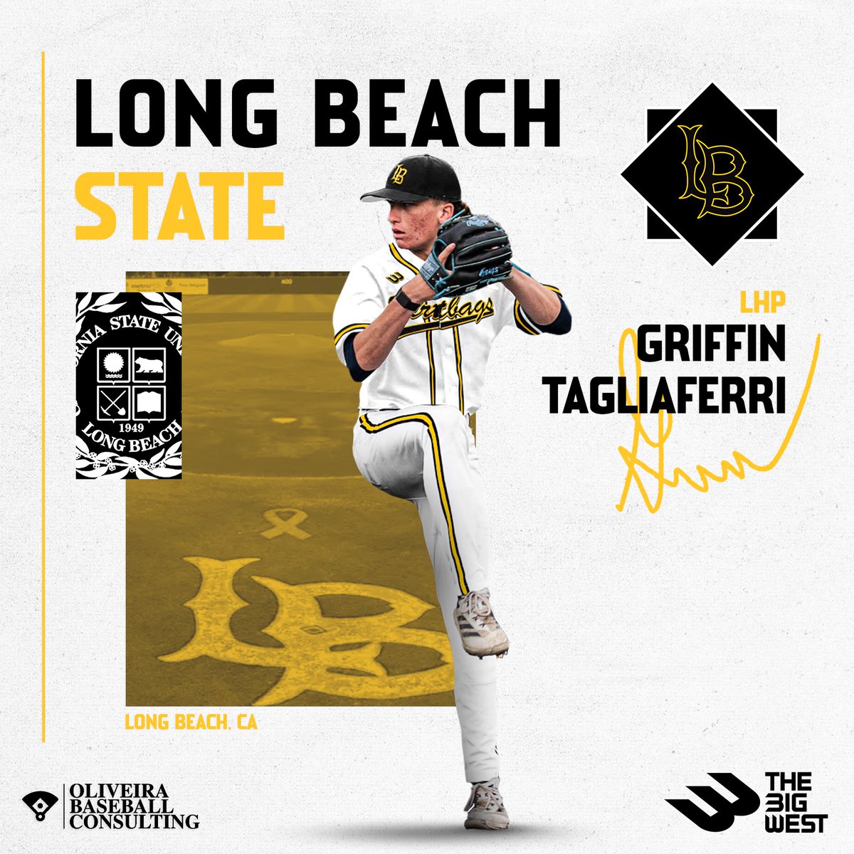 Congrats to Griffin Tagliaferri on his commitment to Long Beach State University. The Dirtbags are keeping a LHP with huge upside close to home. Fired up for the Tagliaferri family #LB #GoDirtbags #BigWest #Committed #OBC <a href="/griffin_tags09/">Griffin Tagliaferri</a>