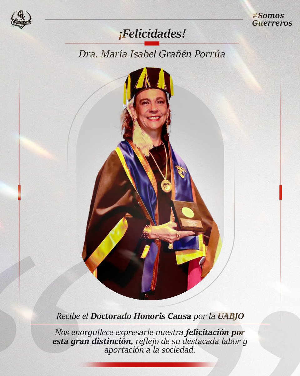 Nos enorgullece reconocer esta gran distinción, Dra. <a href="/isabelgporrua/">ISABEL GRAÑEN PORRUA</a> reciba nuestra más sincera felicitación por el Doctorado Honoris Causa entregado por la UABJO.

#SomosGuerreros