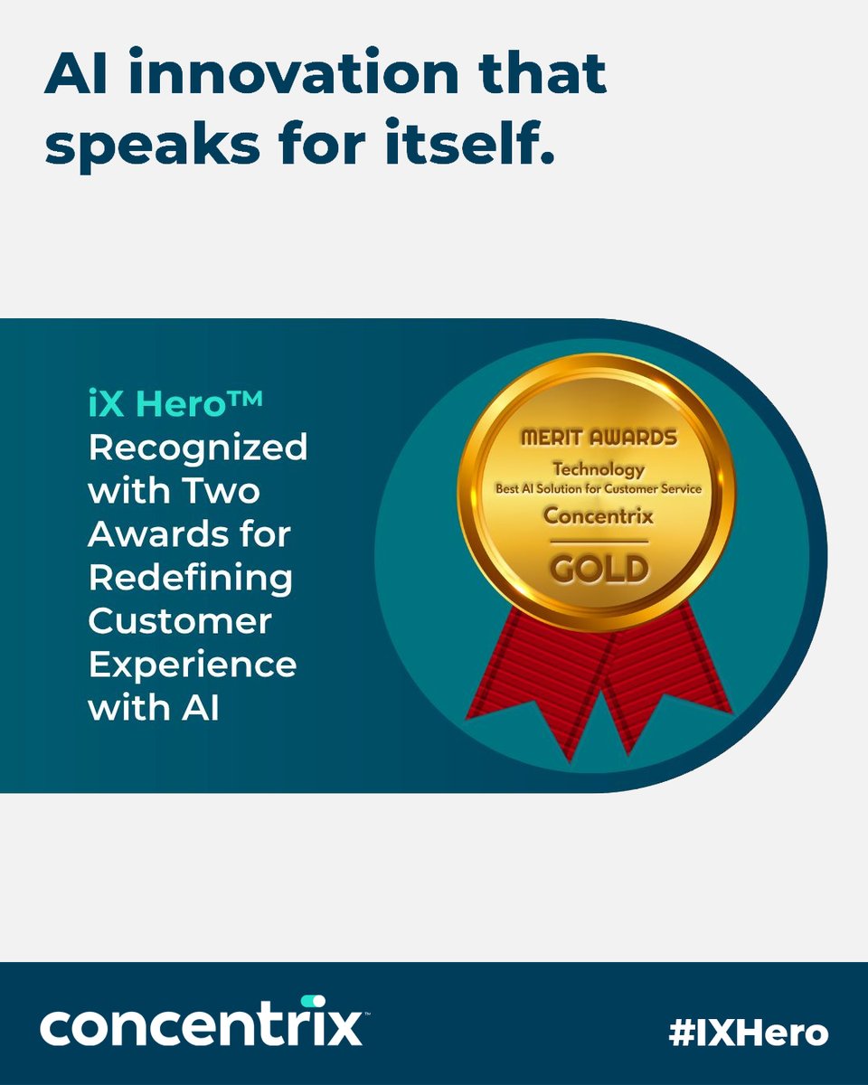 ConcentrixCAN's tweet image. DOUBLE THE HONOR. We’re proud to be recognized twice at the 2025 Merit Awards in Tech for our AI-led iX Hero platform — winning Best AI Solution for Customer Service and Best in Software and Apps! 🌍👏 Read all about it here: concentrix.com/about/news/pre…