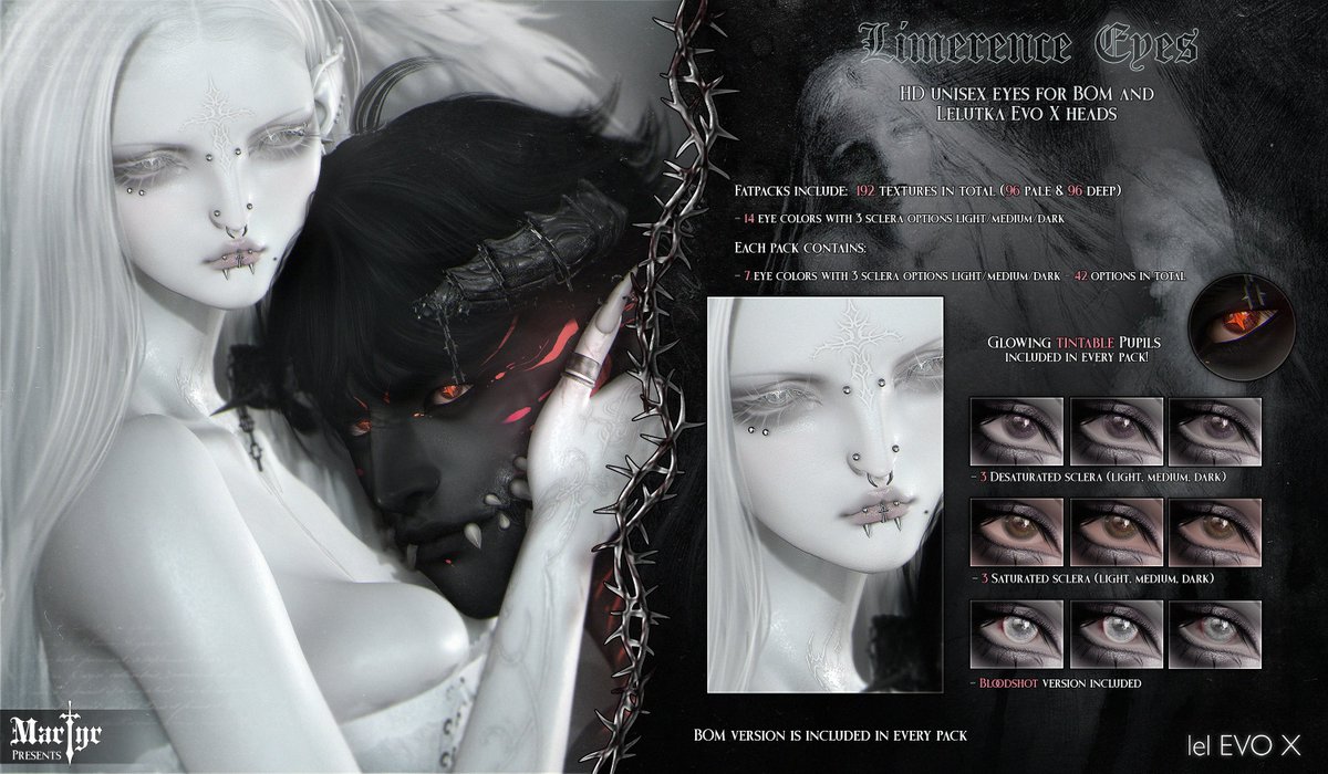 New release! 
⋅────⊱༺ ♰ ༻⊰────⋅ 
Martyr + Limerence Eyes  

HD unisex BOM and Lelutka Evo X eyes with tintable glowing sparkle pupils

♰ Opens November 5th 12PM SLT  

TP: maps.secondlife.com/secondlife/Ast…