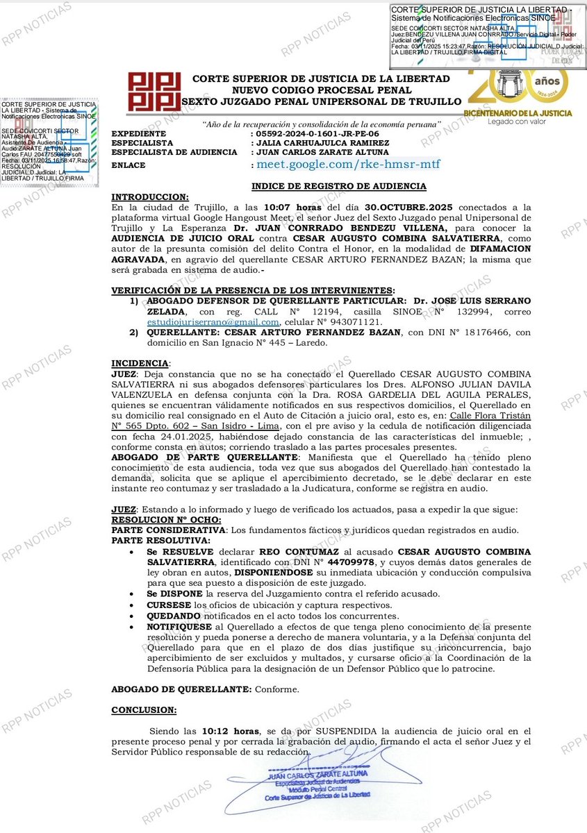 KikesitoVH's tweet photo. #OJO Resolución del PJ que declaró reo contumaz al ex congresista @cesarcombina por no asistir a audiencia en juicio por presunta difamación contra el ex alcalde de Trujillo César Fernández. Ordena su ubicación y traslado a la instancia judicial de La Libertad https://t.co/9DMagdnFkN