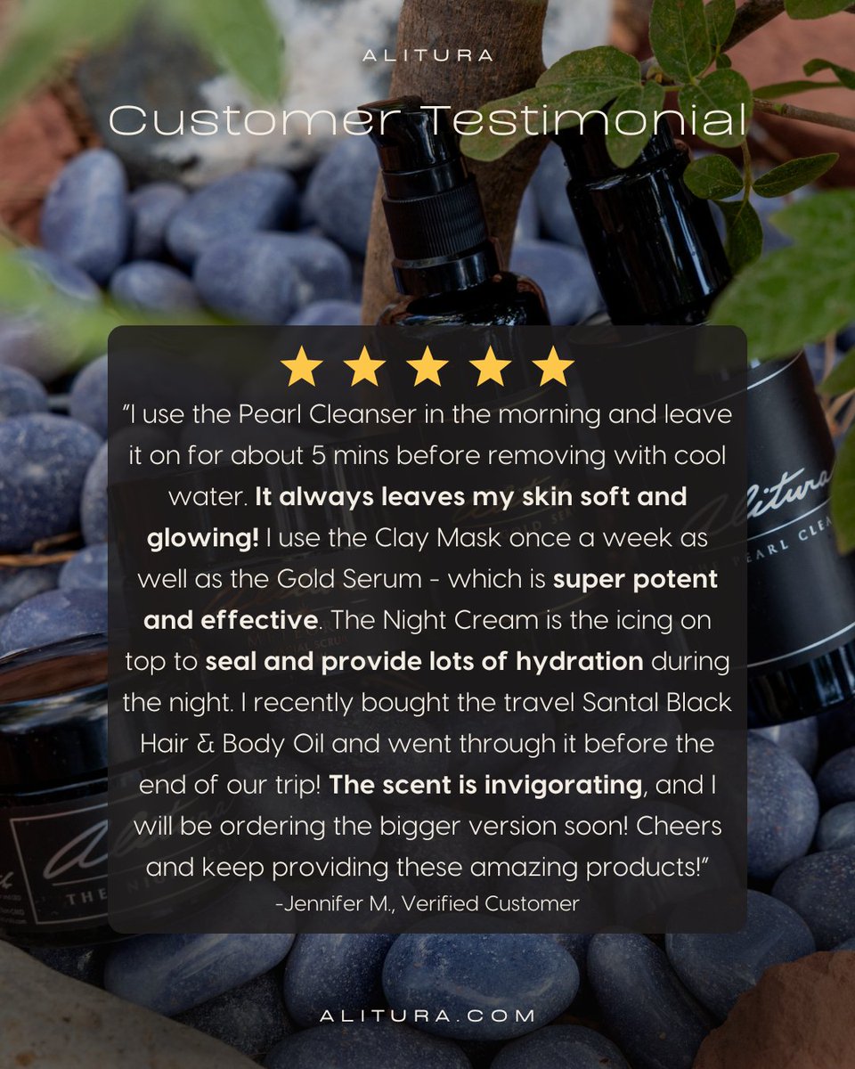 Reviews like Jennifer’s remind us exactly why we do what we do. 

When our customers feel more radiant, deeply hydrated, and genuinely confident — that means everything to us. 

Thank you for trusting us with your skin. 💛

#AlituraGlow #CustomerTestimonial #NaturalSkincare
