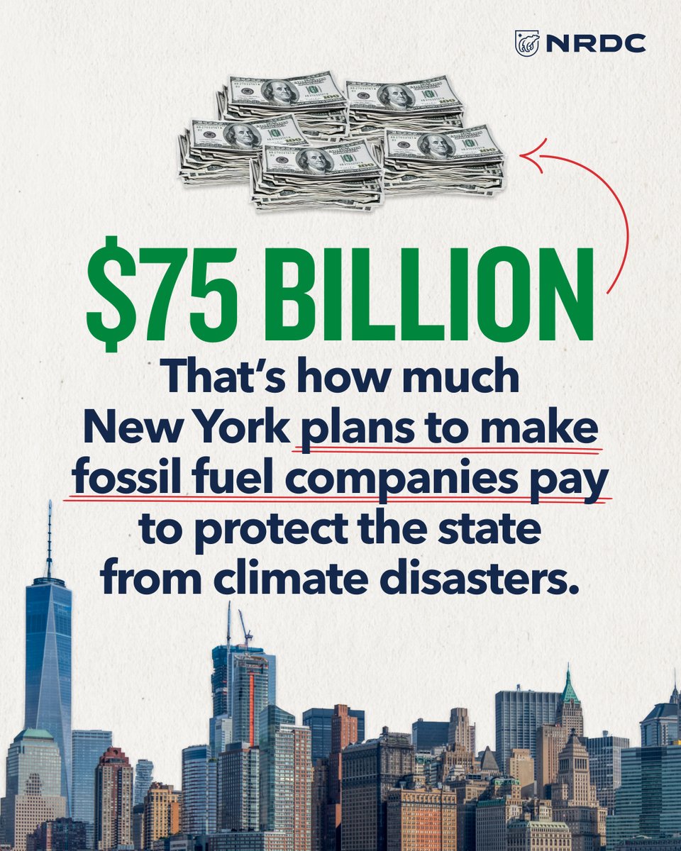 NRDC's tweet image. When climate disasters strike, those who are hardest-hit often shoulder the costs of the damages. But New York now has a law that requires big oil and gas companies—who are most responsible for these disasters—to pay for projects that help protect communities from future harm.
