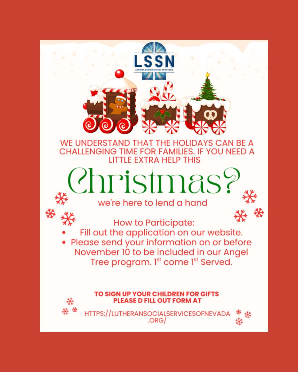 ✨ Help us spread holiday cheer! ✨
We’re teaming up with Lutheran Social Services for the Angel Tree Program, providing free gifts for children in need. 🎁
lutheransocialservicesofnevada.org
If your family could use support—or you’d like to give back—see the flyer for details. ❤️