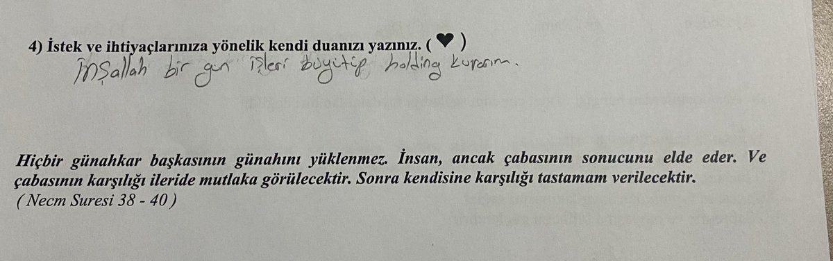 sumnativee's tweet photo. Sınavda öğrencilerimi tanımak ve Allahla ilişkileri hakkında fikir sahibi olmak en önemlisi sınavdan puan kazandırmak için eklediğim soruya gelen cevapları birlikte yorumlayalım

1) Babası kuyumcu öğrencimin holdinge sahibi olmayı arzulaması https://t.co/CjDrrykpnW