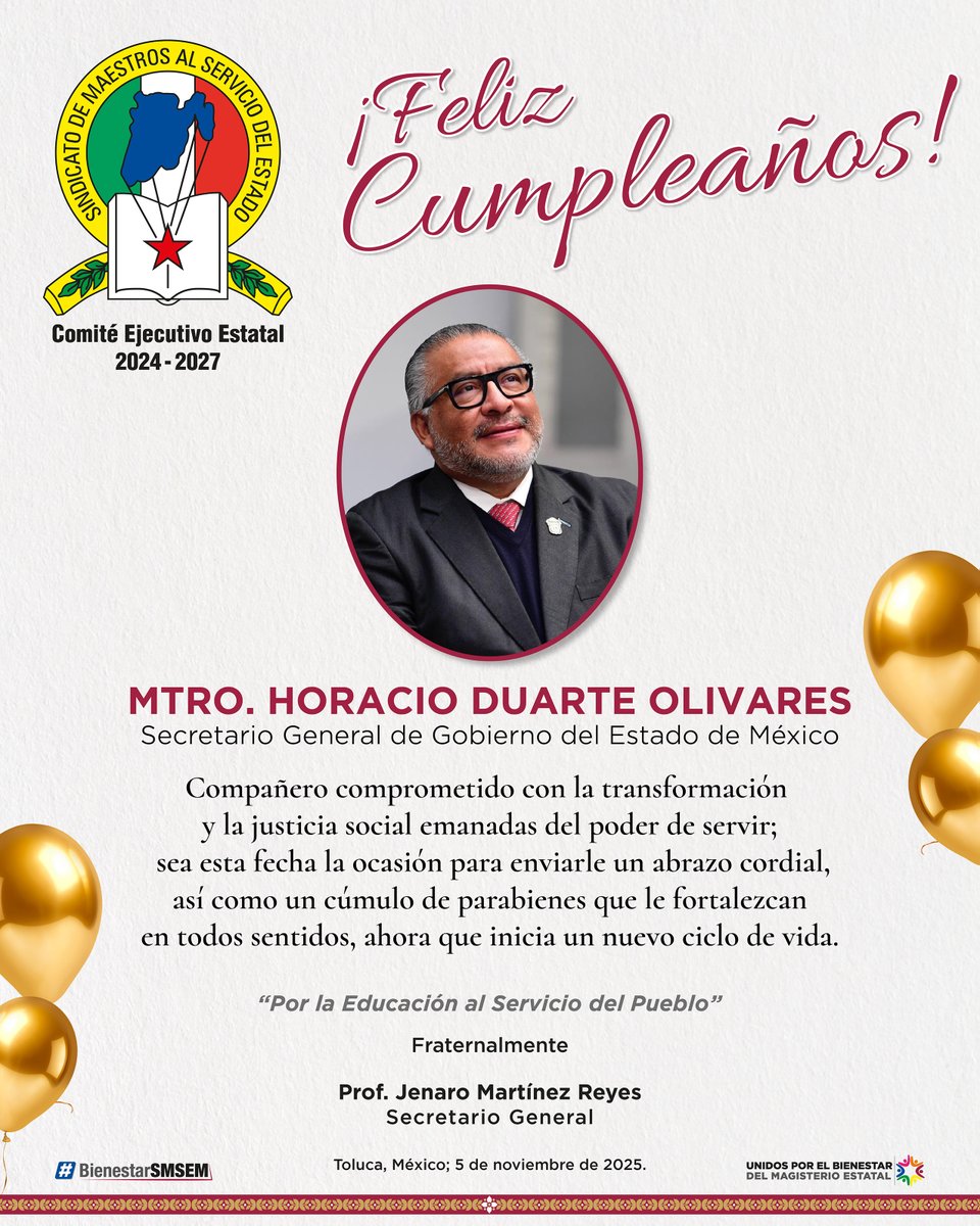 SMSEMmx's tweet image. En el #SMSEM enviamos una fraterna felicitación al Mtro. Horacio Duarte Olivares, servidor público comprometido con el progreso de todos los mexiquenses.

¡Unidos por el Bienestar del Magisterio Estatal!