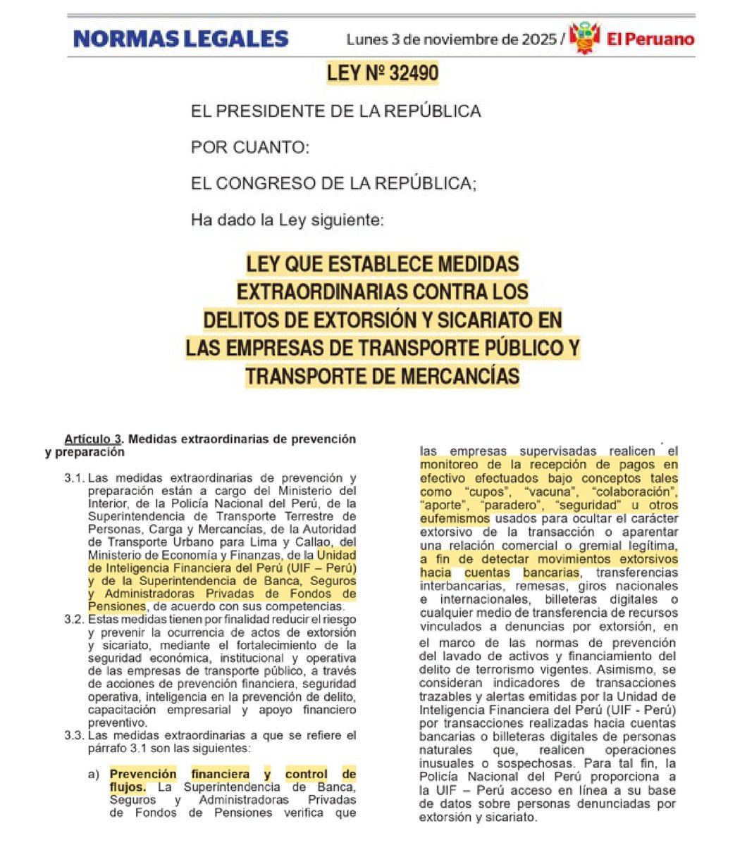 CarlosCaroCoria's tweet photo. 🔴 #compliance El sistema de prevención del lavado de activos y financiamiento del terrorismo (#SPLAFT), ahora para prevenir la extorsión y el sicariato.
📌 Ley N° 32490 sobre medidas extraordinarias contra la extorsión y el sicariato. Todas las empresas supervisadas por la SBS, entre ellas los sujetos obligados del SPLAFT, deben reportar a la UIF-Perú las operaciones sospechosas de extorsión o sicariato (art. 3.3.a).
🔎 Deben monitorear la recepción de pagos en efectivo por conceptos como “cupos”, “vacuna”, “colaboración”, “aporte”, “paradero”, “seguridad” o similares, usados para ocultar el carácter extorsivo de la transacción o aparentar una relación comercial o gremial legítima. Ello a fin de detectar movimientos extorsivos hacia cuentas bancarias, etc., y reportarlas a la UIF-Perú.