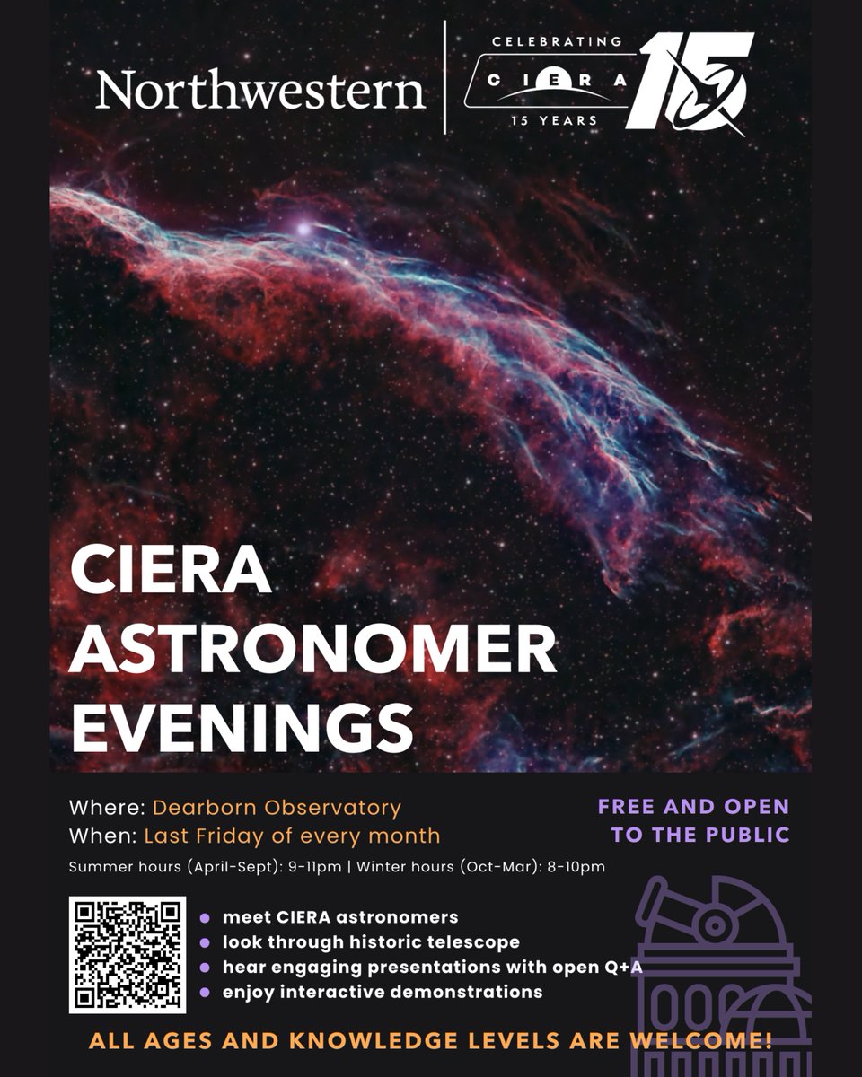 NUCIERA's tweet photo. Astronomer Evenings Tonight!
Our fall/winter hours go into effect this week so we'll kick things off at 8pm.
Telescope viewing will follow the talks. Come learn, explore, and enjoy an evening of astronomy!

#Astronomy #CIERA #Northwestern #PublicTalk #STEMOutreach #SpaceScience https://t.co/hijdfwUgHs