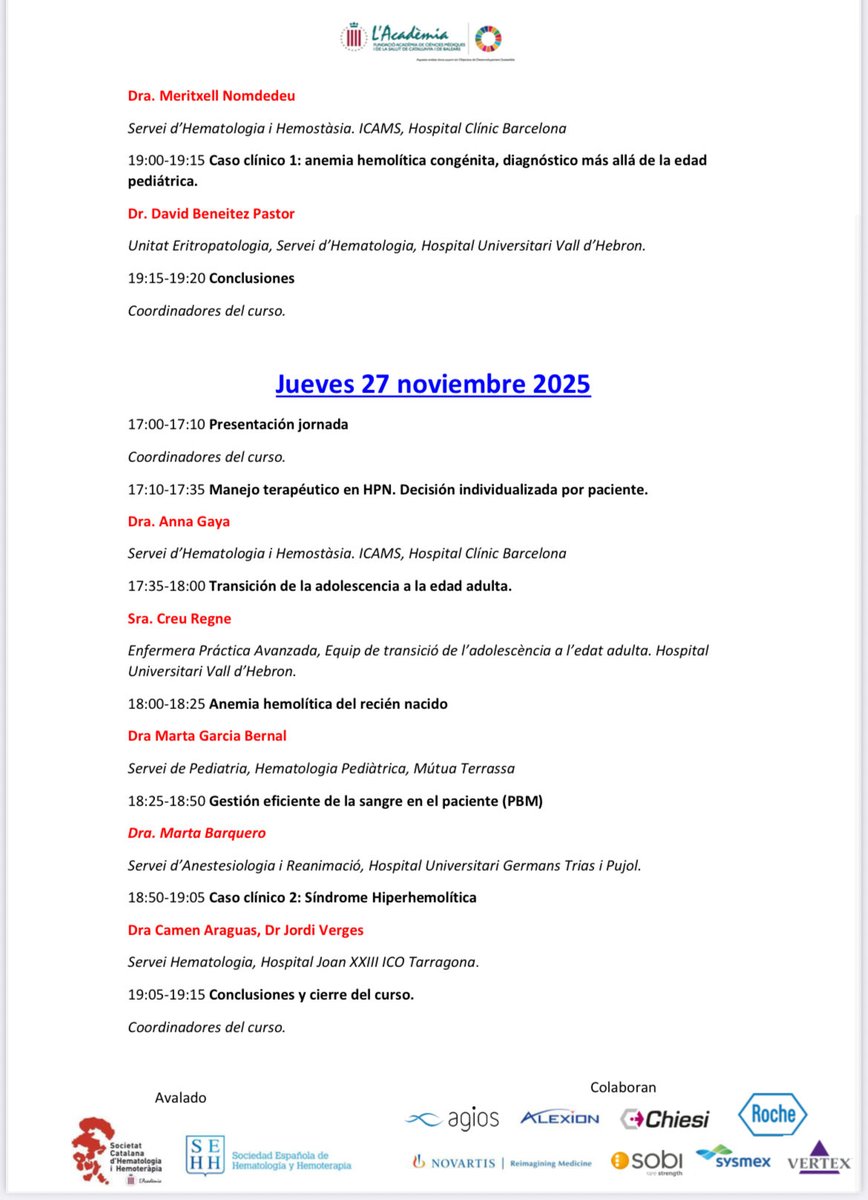 beneitez_david's tweet image. Seguimos con el mes de noviembre #eritropatología con la XIIIed curso eritropatología @Hematocat, VIed nacional
📆20 y 27nov
📍hibrido 
Solicitados créditos y aval @Hematocat @sehh_es 
Inscripciones: inscripcions.academia.cat/form.php?id=32…
Programa: docs.academia.cat/mailing/13520%…