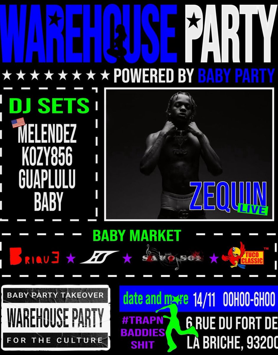 WAREHOUSE PARTY X ZEQUIN 🎸

Nouveau show de Zequin à Saint-Denis ce 14 novembre de Minuit à 6h avec de gros DJ sets ‼️