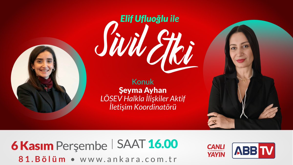 Sivil Etki", birbirinden değerli konukları ile her perşembe, 16.00’da canlı yayınla Ankara Büyükşehir Belediyesi ABB TV’de sizlerle.

#elifufluoğlu #siviletki #elifufluoğluilesiviletki #ankarabüyükşehirbelediyesi #abb #abbtv #canlıyayın #lösev #şeymaayhan #gündem