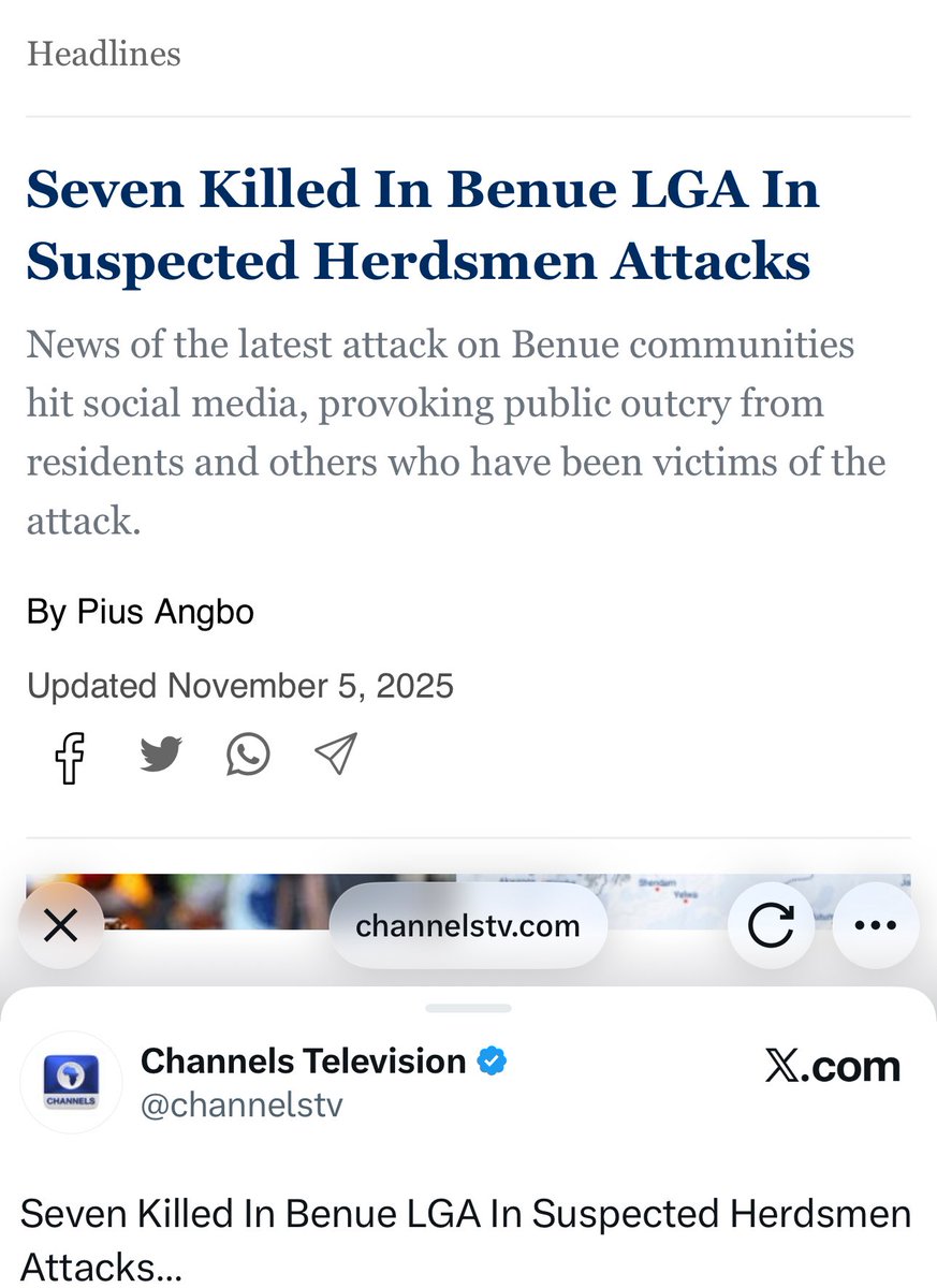 Just yesterday:

The Pastor of Flaming Fire Ministries Simon Nbach Killed LastNight by Terrorists pretending to be Herdsmen in Ohimini Community Benue.

This is part of an ongoing massacre in Benue as we speak. This was just yesterday.

Pls kindly share for help for Benue people.