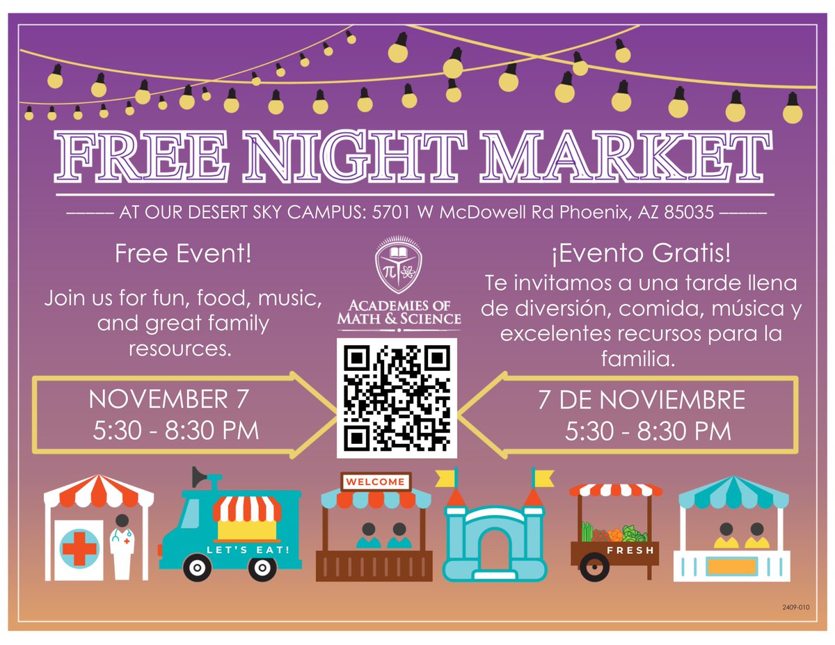 Free Night Market this Thursday!
Stop by our booth for free health screenings, resources, and community support! Plus food, music, and family fun at AMS Desert Sky Campus!
 
#PublicHealth #SaludPublica #HealthEducation #EducaciondeSalud