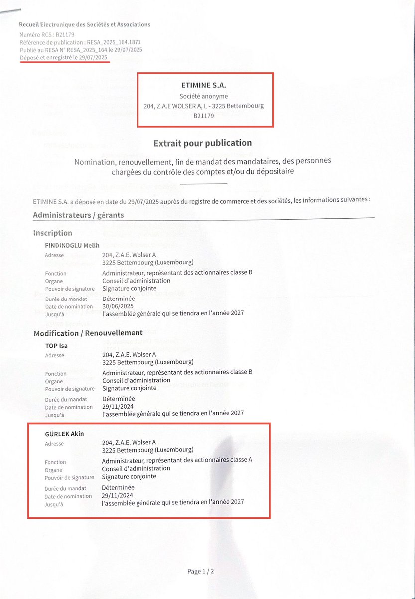 yavuzyilmazd's tweet image. Bor ve bor ürünlerinin yurt dışındaki satış, pazarlama ve lojistiğini yapan Eti Maden İşletmesi’nin Lüksemburg’daki şirketinin yönetim kurulunda kimler var?

Etimine SA Yönetim Kurulu⬇️

Eti Maden Genel Müdür Yardımcısı
Eti Maden Genel Müdür Yardımcı Vekili
Eti Maden Strateji…