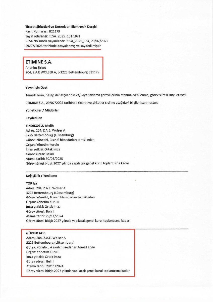 yavuzyilmazd's tweet image. Bor ve bor ürünlerinin yurt dışındaki satış, pazarlama ve lojistiğini yapan Eti Maden İşletmesi’nin Lüksemburg’daki şirketinin yönetim kurulunda kimler var?

Etimine SA Yönetim Kurulu⬇️

Eti Maden Genel Müdür Yardımcısı
Eti Maden Genel Müdür Yardımcı Vekili
Eti Maden Strateji…