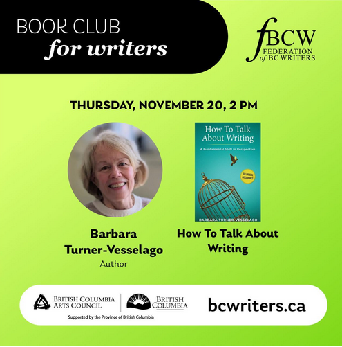 Join <a href="/bcwriters/">BC Federation of Writers</a> online 20 Nov 2025: How to talk About Writing with author &amp; mentor Barbara Turner-Vesselago
Mentors &amp; editors “will be inspired to abandon old paradigms of editorial criticism." Feedback with straightforward tips.
tinyurl.com/yjr6hsch
#editors #bcwriters