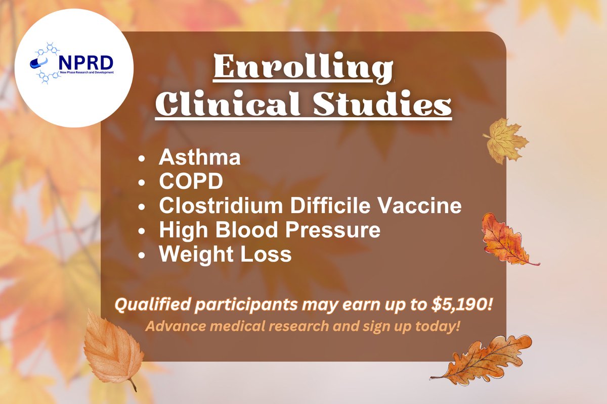 This fall, give back—and get rewarded!🍂💰
Qualified volunteers can earn up to $5,190 and make a real difference in the advancement of medical #research.

Check out our enrolling clinical studies today!
📞 865-200-8364 | newphaseonline.com

#NPRD #ClinicalResearch #Knoxville