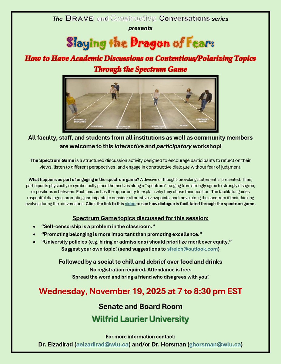 For those in the Kitchener/Waterloo area and across the Greater GTA, come join us on Wednesday, November 19, 2025 at 7pm for this amazing participatory experience in civil discourse and having difficult conversations on contentious topics. Laurier University in the Senate and