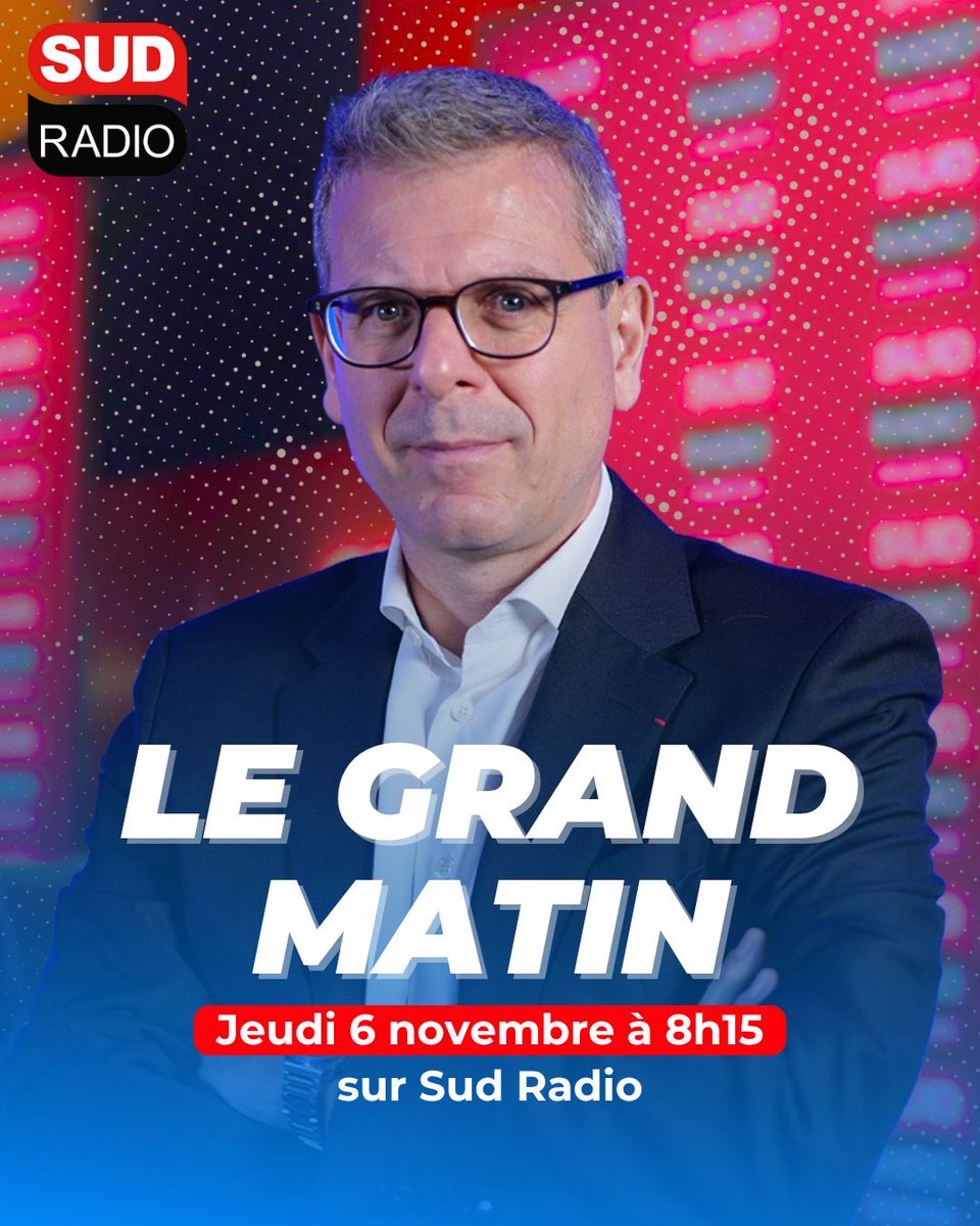 Je vous retrouve ce jeudi 6 novembre à 8h15 sur ⁦<a href="/SudRadio/">Sud Radio</a>⁩ face à ⁦<a href="/JFAchilli/">Jean-François Achilli</a>⁩