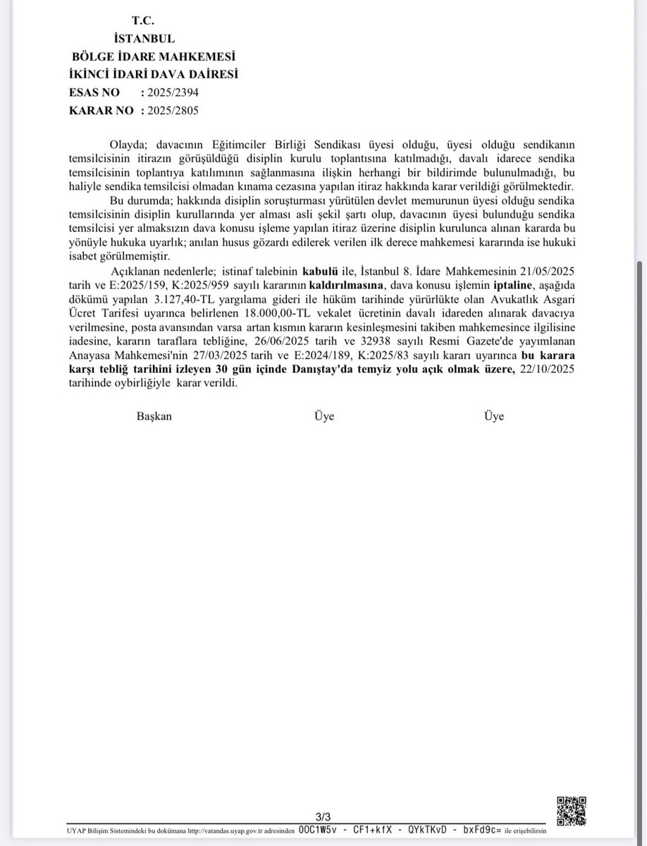 Sendika Temsilcisini Çağırmadan Üniversite Disiplin Kurulunda Alınan Karara Yargı Dur Dedi

Üniversite çalışanı üyemize verilen disiplin cezasının iptali istemiyle açtığımız davada, mahkeme, cezaya itirazı değerlendiren üniversite disiplin kurulunda sendika temsilcisinin