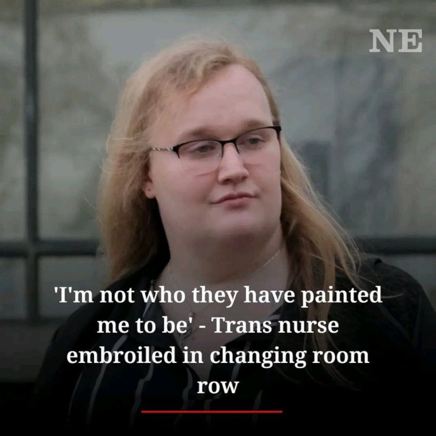 A blonde woman with glasses and long hair wears a dark top and stands against a neutral background, with overlaid text reading Im not who they have painted me to be - Trans nurse embroiled in changing room row.