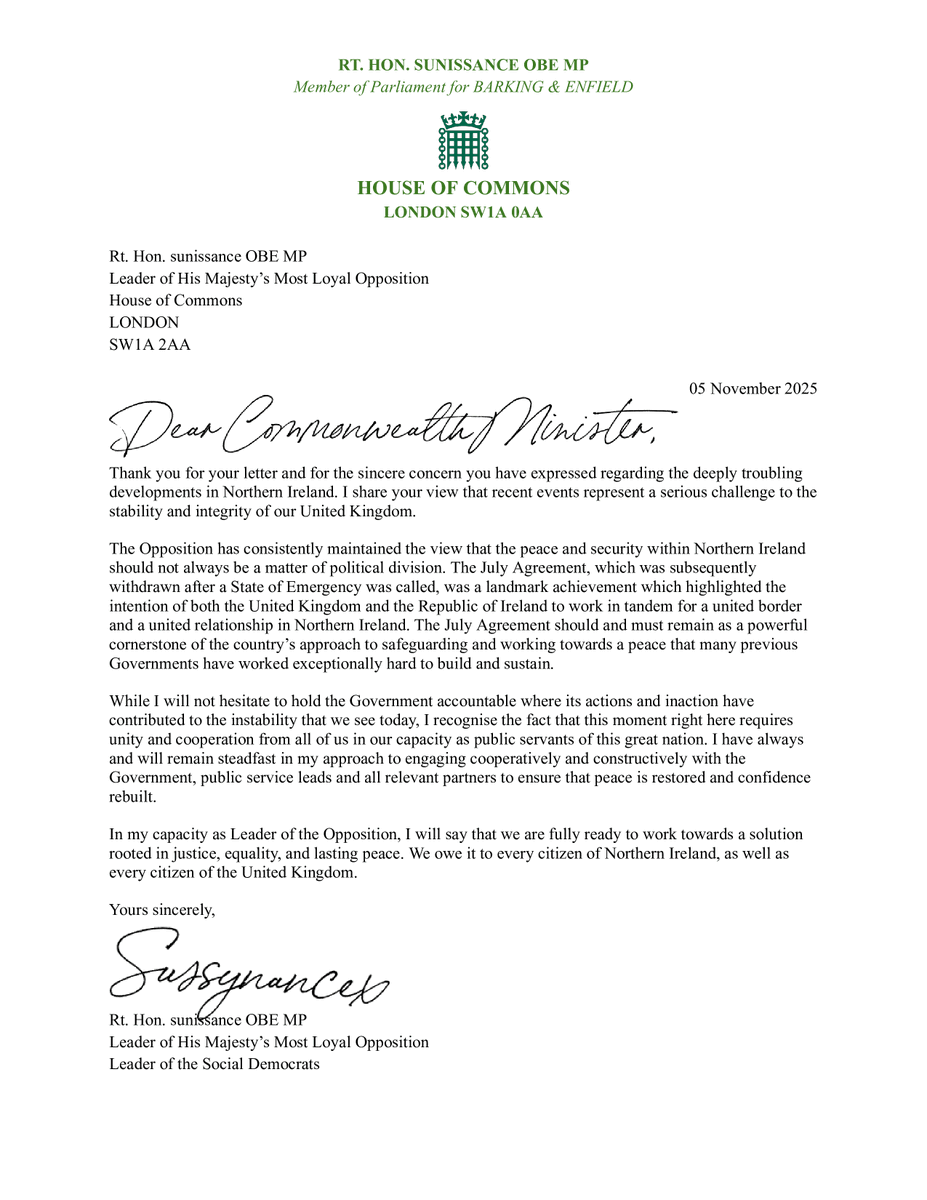 The peace and stability of Northern Ireland must never be a matter of division.

I’ve responded to the Commonwealth Minister’s call for unity: the Opposition stands ready to work with all sides to protect peace, rebuild trust, and uphold our United Kingdom.