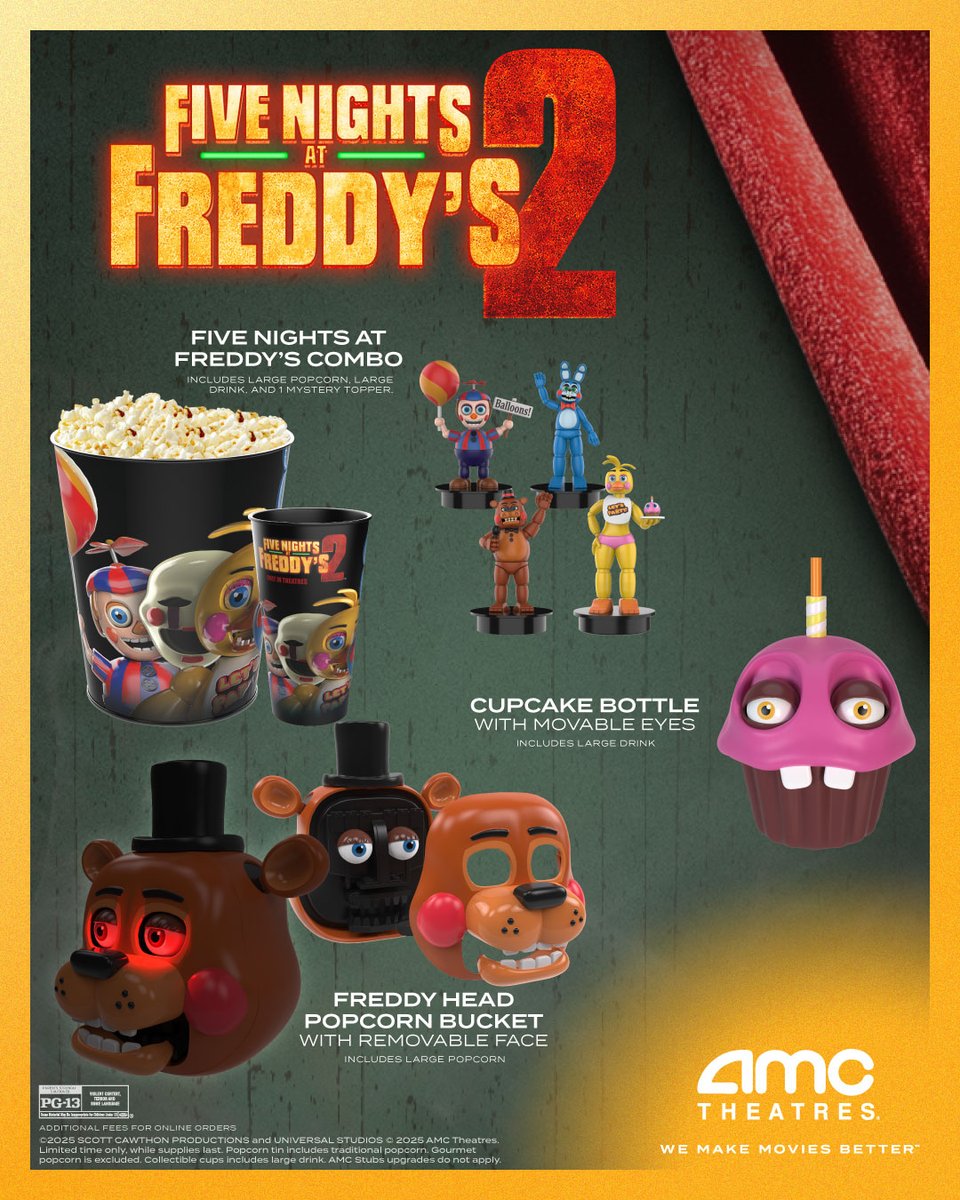 Just try to survive the night. Lock down your FIVE NIGHTS AT FREDDY’S 2 collectible merchandise! Large drink or popcorn included with purchase. Available in theatres 12/05, limited time only.bit.ly/4hN6T4g