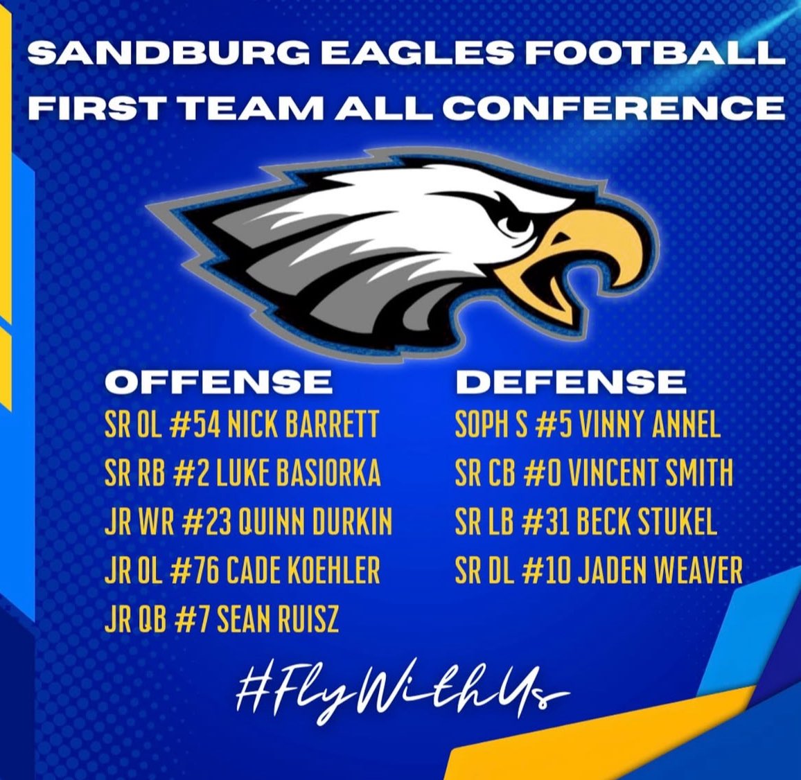 Very excited to be named First Team All Conference! Huge thanks to all the coaches and teammates who helped me achieve this! 
<a href="/OLMafia/">OL MAFIA</a> <a href="/CoachMurphCSHS/">Coach Murph</a> <a href="/SandburgEagles/">Sandburg Eagles Football</a> <a href="/EDGYTIM/">Timothy “EDGYTIM” OHalloran</a> <a href="/CoachBoom26/">Boomer Roepke</a>