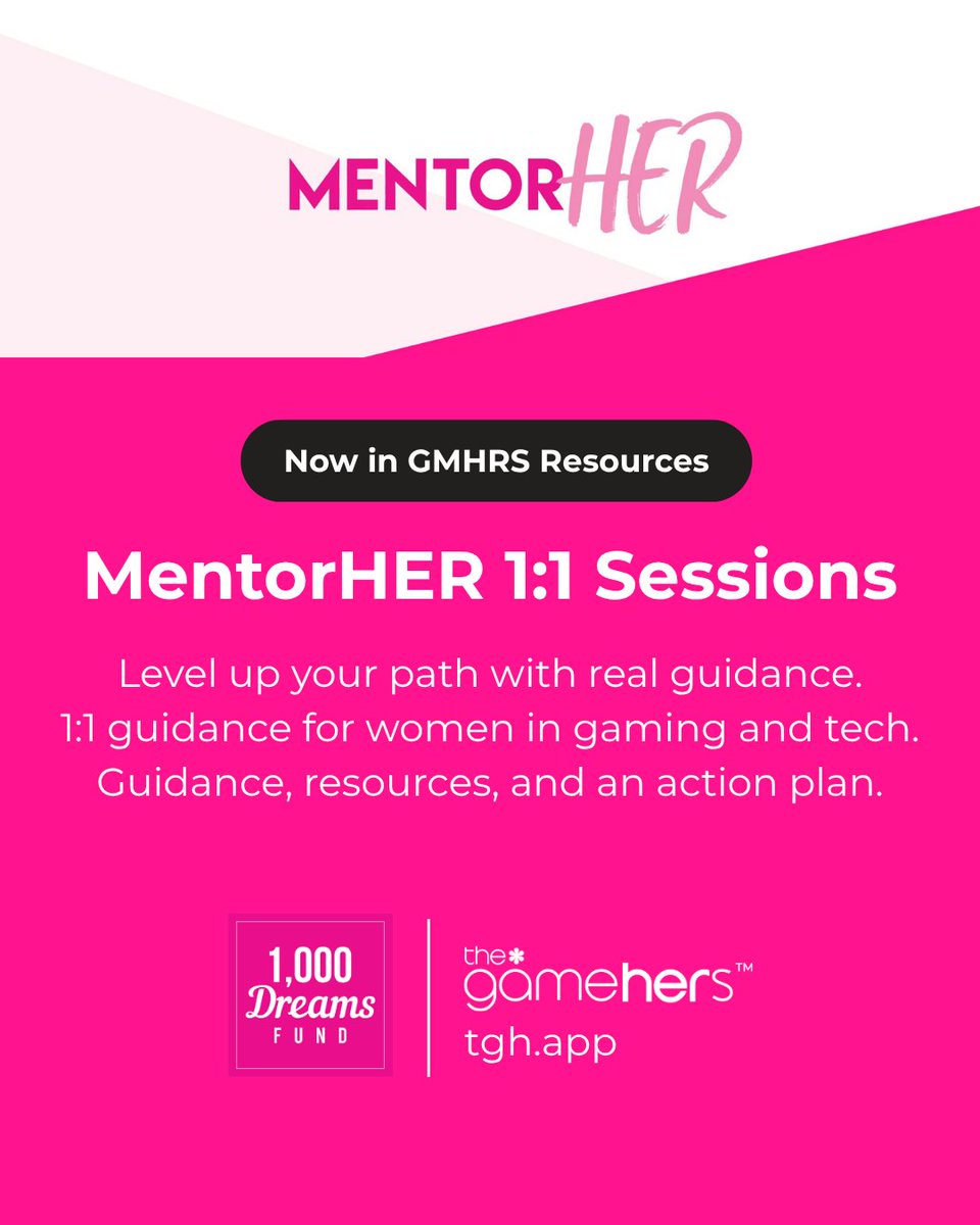 New Resource available in the GMHRS App! Level up your career with MentorHER by <a href="/1000DreamsFund/">1,000 Dreams Fund</a>!  1 mentor. 60 minutes. Real guidance for women in gaming and tech.   Expect connection, next steps, and a plan you can use now.  learn more at tgh.app