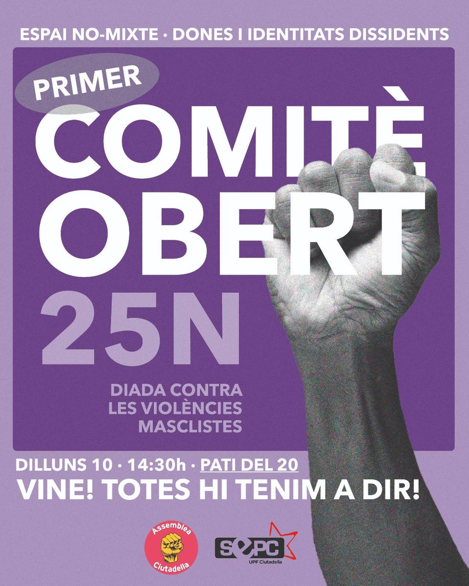 ✊ Primer Comitè Obert per aquest 25N, en motiu de la Diada contra les violències masclistes. 

El proper dilluns 10 de novembre, a les 14:30h vine al Pati del 20 (Edifici Jaume I) al Campus de Ciutadella.