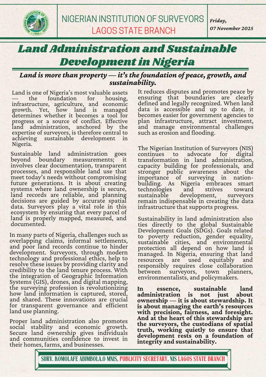Land is more than property — it’s the foundation of peace, growth, and sustainability.
Surveyors are building that foundation through accurate documentation and modern land administration.
#NIS #Surveyors #LandAdministration #SustainableDevelopment #MappingTheFuture