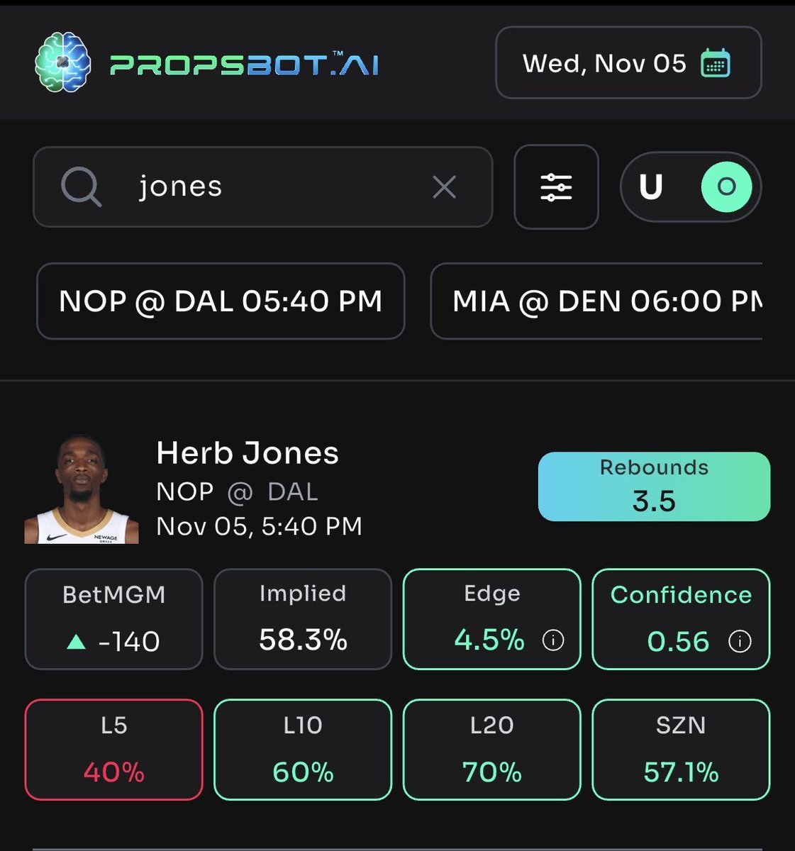 PROPARACHI's tweet image. 💰11/5 #NBA Reb Prop ⚜️

🏀H.Jones 3.5 Reb O -140 
#Pelicans 

🎯Love the Match up vs DAL. Zion and Y.Missi OUT 

📊70% Over Last 20 Games 
📊 100% 4/4 this season W/ 25+ mins 

📲 @propsbotai For all my research 

🤖 PropsBot apps most confident play for Herb today! 

#GamblingX…