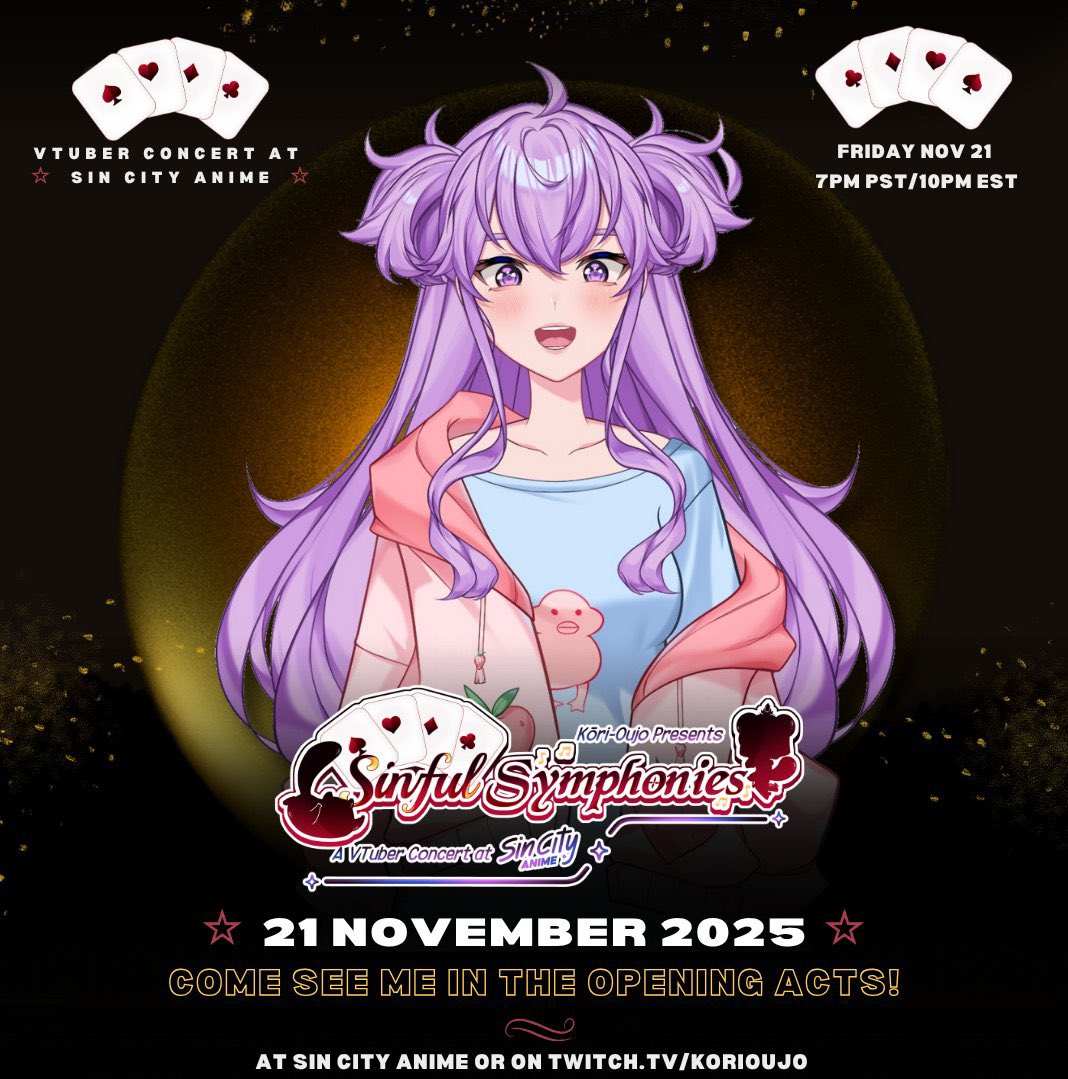 SURPRISE!!! your favourite piece of trash is joining <a href="/korioujo/">Kōri-Oujo🍧🦝| 🔜ANIME DESTINY</a> for another concert!!!! 💜

this time we’ll be in LAS VEGAS for Sin City Anime so you better stop by! it’ll also be live on kori’s channel!!

MARK YOUR CALENDARS! NOV 21 @ 10PM EST!! 👀👀