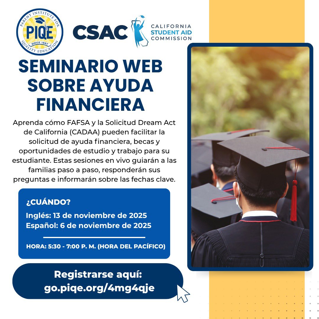 ConsulMexSdi's tweet photo. 🎓 ¡Atención #ComunidadMexicana!
Ya están abiertas las solicitudes FAFSA y CADAA 📝 con fecha límite prioritaria el 2 de marzo de 2026.
Aprende cómo aplicar en los webinars gratuitos de @PIQEUSA y @CaStudentAid:
📅 6 nov (español)
👉 Regístrate en: https://t.co/W86JB6rwNK https://t.co/3n7HwRgwBn