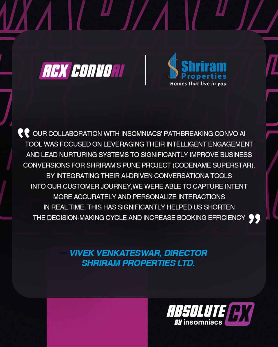 AI that turns conversations into conversions.

Shriram Properties leveraged ACX Convo AI by Absolute CX to personalize engagement, capture real intent, and shorten the decision-making cycle - achieving higher booking efficiency for their Pune project Codename Superstar.