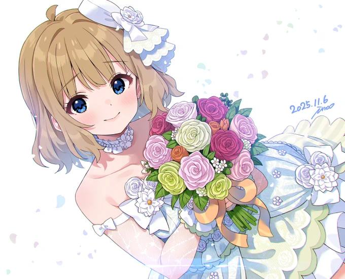 桃子お誕生日おめでとう White Vows衣装の桃子です。こないだの歌織さんのライブ見て描きたくなった! #ミリシタ #周防桃子生誕祭2025