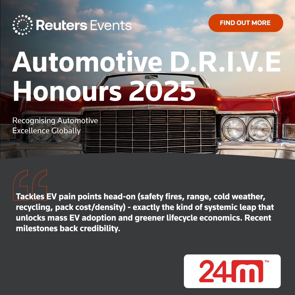 24M_Tech's tweet image. Another milestone we&apos;re proud to share:

Last week at the Reuters Automotive D.R.I.V.E conference, the 24M team was honored for its bold advances in EV battery innovation that directly tackle the biggest barriers to EV adoption.