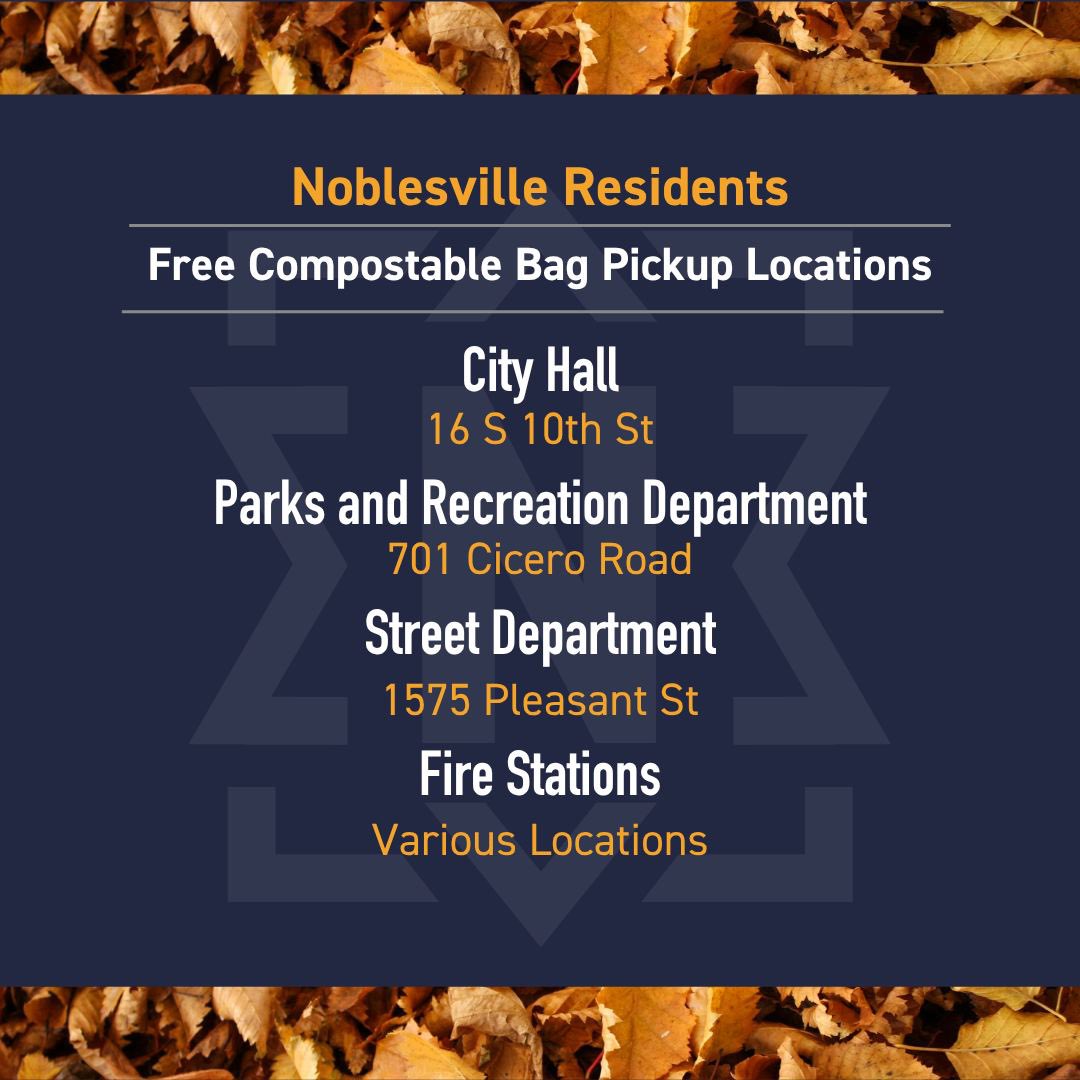 The City of Noblesville Street Department bagged and loose-leaf pickup is underway. Please follow the guidelines closely.

Pick up compostable bags provided by the city at no charge to Noblesville residents. Learn more: noblesville.in.gov/261/Leaf-Pickup