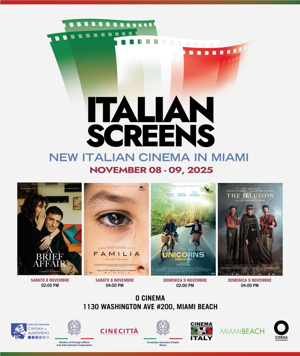 CinemaItalyFilm's tweet photo. THIS WEEKEND
“ITALIAN SCREENS” - a Cinema Italy Special Event
FREE and open to the public - Nov 8 &amp; 9, 2025
📍O CINEMA Miami Beach - limited seats; first come, first served
🎬 FILM DETAILS &amp; TRAILERS:
https://t.co/80QQJOiv2a https://t.co/7XndeyqsRj https://t.co/D4LVihROGQ
