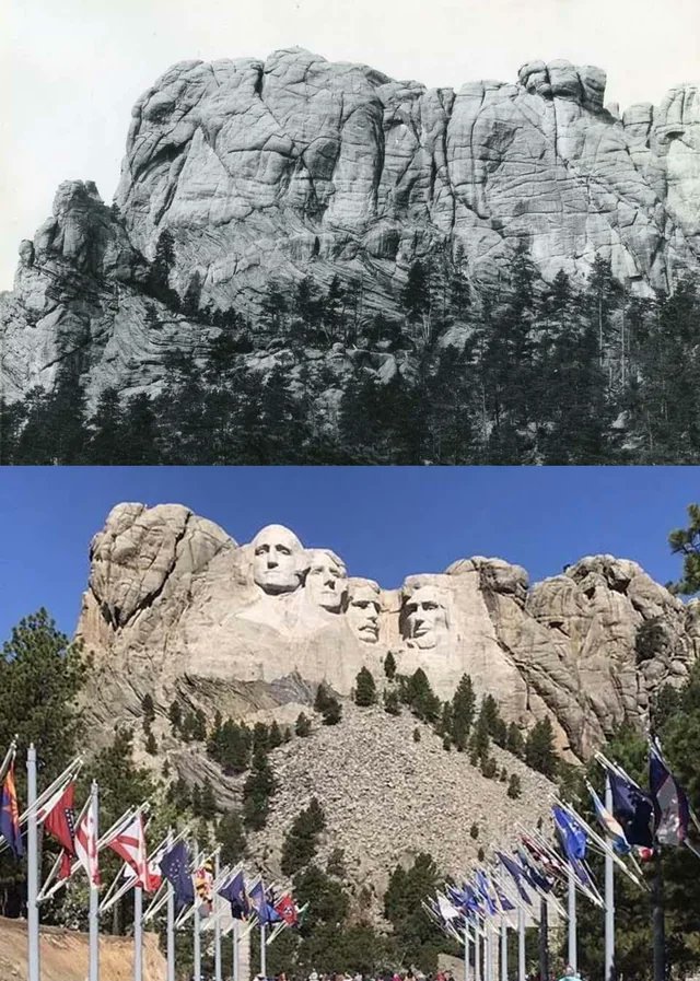 Mt. Rushmore before and after it was carved. (1920s and nowadays).