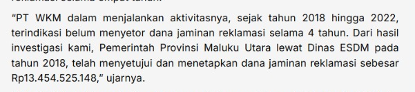 UtamNicole7's tweet photo. di berita disebut, dana jaminan reklamasi tahap 2018–2022 itu ditetapkan Rp 13.454.525.148.
ini angka ga kecil. PT WKM ada dalam cerita ini

https://t.co/zFIdQ05Utq https://t.co/ZVetlkOJYC