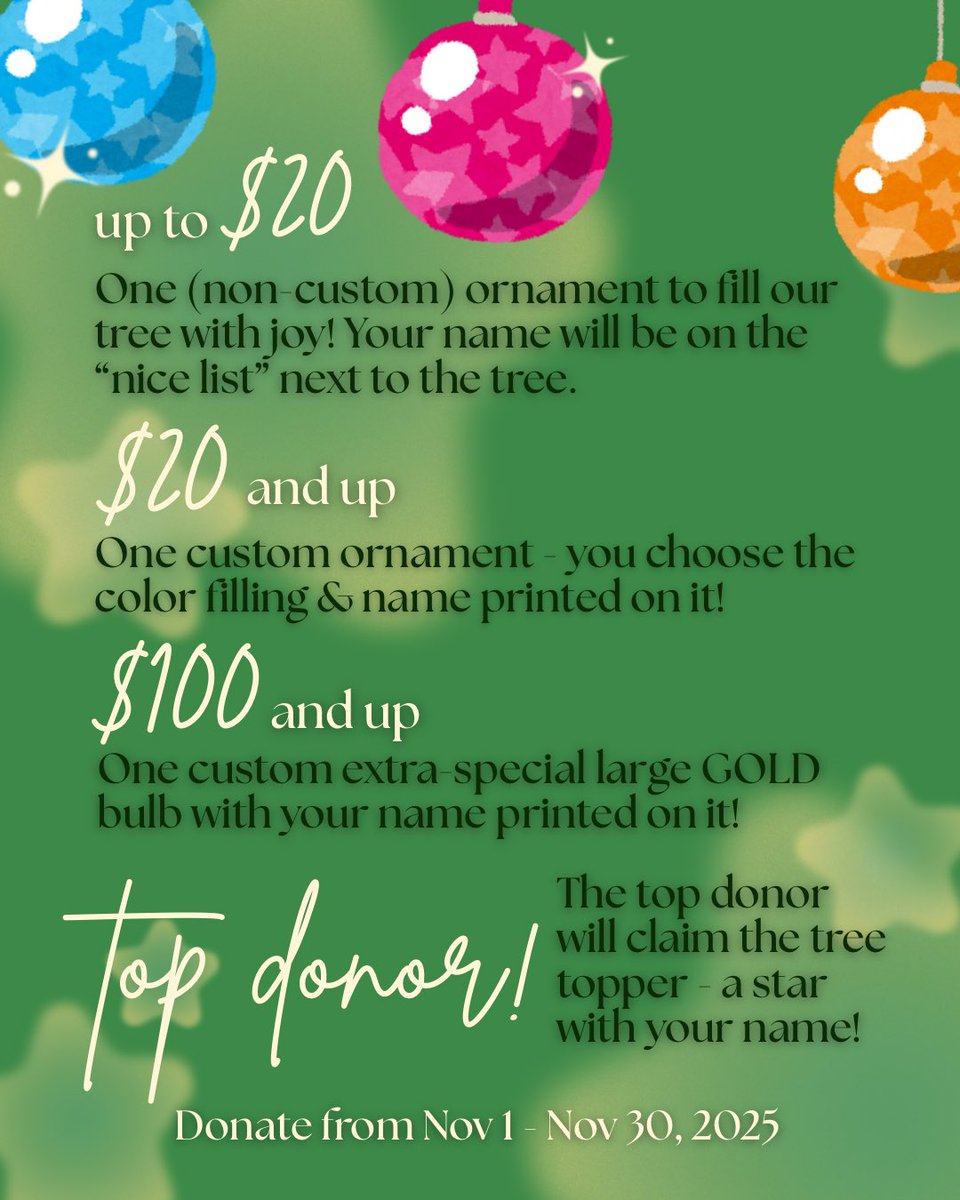 idolHOMEproject's tweet photo. Tiers: $5 - $19.99: 1 non-custom ornament and your name on the nice list next to the tree!
$20 - $99.99: 1 custom ornament in the color of your choosing, w/ your name on it!
$100+: one extra-special large GOLD ornament w/ your name on it!
Top Donor: tree topper star w/your name! https://t.co/3K3ZHDBduy