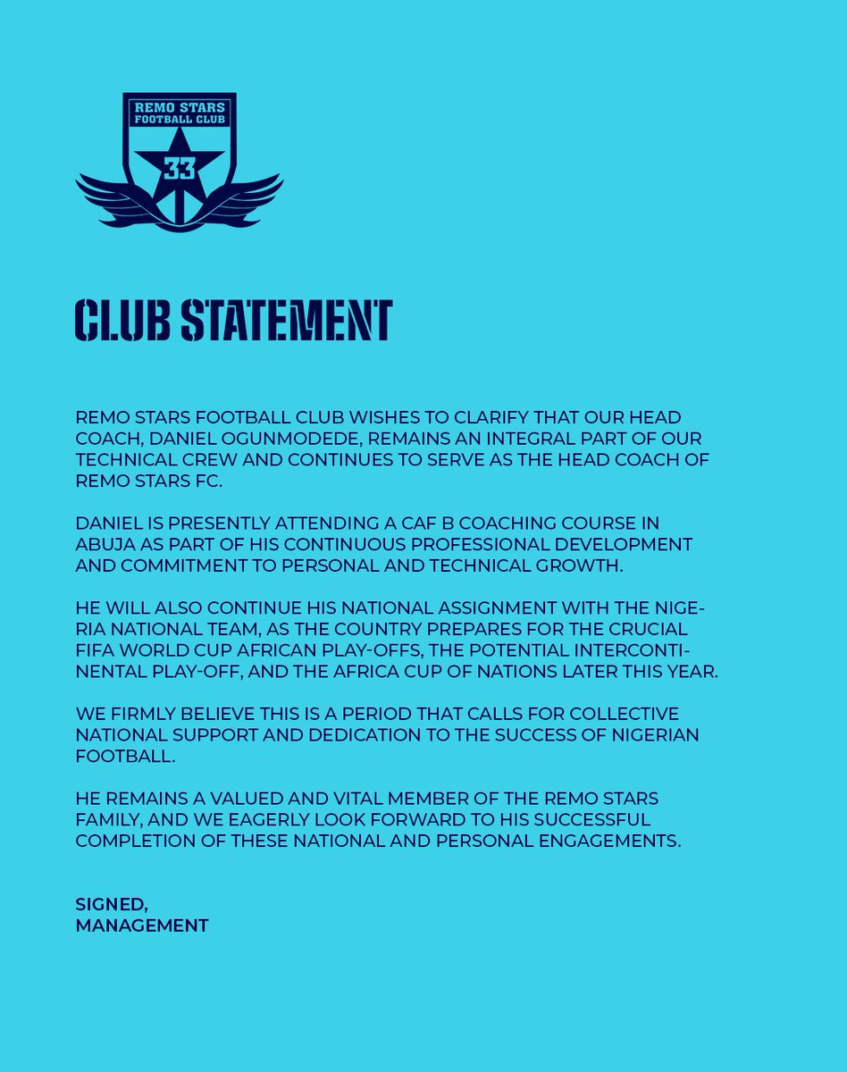 ojeksaikhoje's tweet image. #WeAreRemoStars wasted time on this and gave room for speculation on their Coach, @CoachDan_Ijabal.
#BrandCommunication is a key ingredient in #branddevelopment. #DanielOgunmodede will leave the club one day, but @RemoStarsSC must show respect. Came out late
#NPFL26 
#NPFL