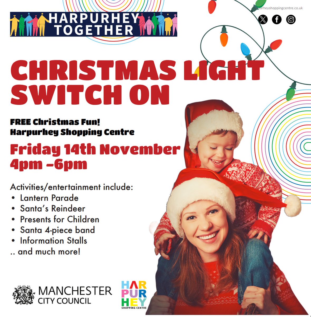 🎄Ho Ho Ho - it's that time of year! 🎅

Harpurhey Together present the Christmas Light Switch-on and Lantern Parade on Friday 14th Nov 4-6pm <a href="/ShopHarpurhey/">Harpurhey Shopping Centre</a> 

Join us for FREE Christmas fun, inc:
🦌Reindeer
🎺Music
🎁Presents
🎅Santa
.. and much more!