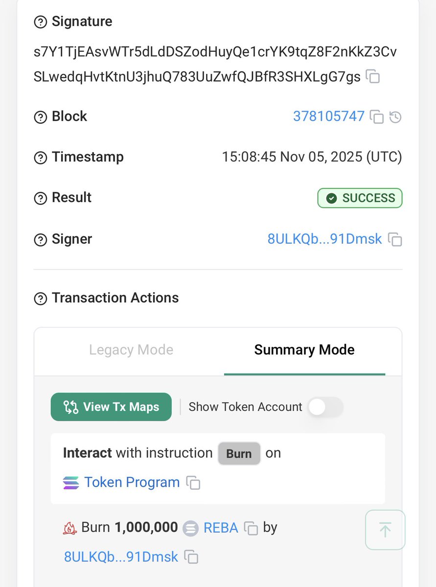 Job well done $REBA fam! 🐶

Another 1M of supply burnt 😤

solscan.io/tx/s7Y1TjEAsvW…