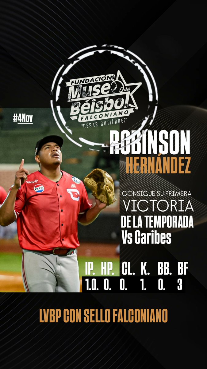 MUSEOFALCONIANO's tweet photo. Robinson Hernández, alcanzó la noche de este martes (4 Nov) su primera victoria de la temporada 2025-2026 con los Cardenales de Lara ante los Caribes de Anzoátegui...
1Ip, 0Hp, 0CL, 1K, 0BB
.
.
#RobinsonHernandez
#CardenalesDeLara
#LVBPConSelloFalconiano
#LVBP
#TalentoFalconiano https://t.co/9LgBK6yvxS